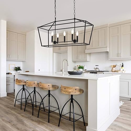 Miniatura 7 de Lucidce Lámpara de araña lineal de isla de cocina de 5 luces, gran casa de campo, color negro, colgante para comedor, sobre mesa, lámpara colgante