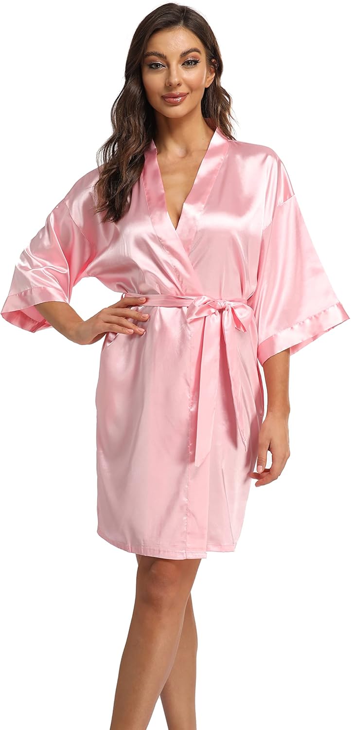 レディース ピュアショート着物ローブ 花嫁 ブライドメイド シルキーバスローブ 軽量サテン寝間着