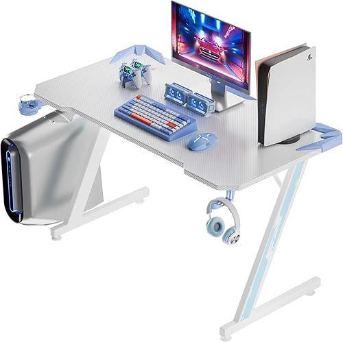 Miniatura 8 de Homall Escritorio para computadora de juegos con superficie de fibra de carbono, mesa de juegos en forma de Z, oficina en casa con soporte para