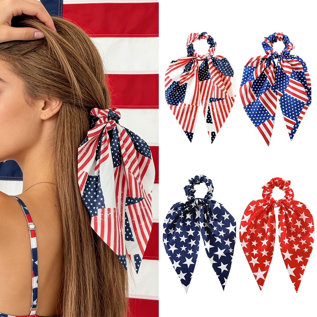View 1 of [4 Pack] July 4th Independence Day Hair Scrunchies with Bow, 2026 Patriotic Stars & Stripes Scarf Ribbon Hair Ties, American Flag Ponytail Holder for Women & Teens, 4 Styles