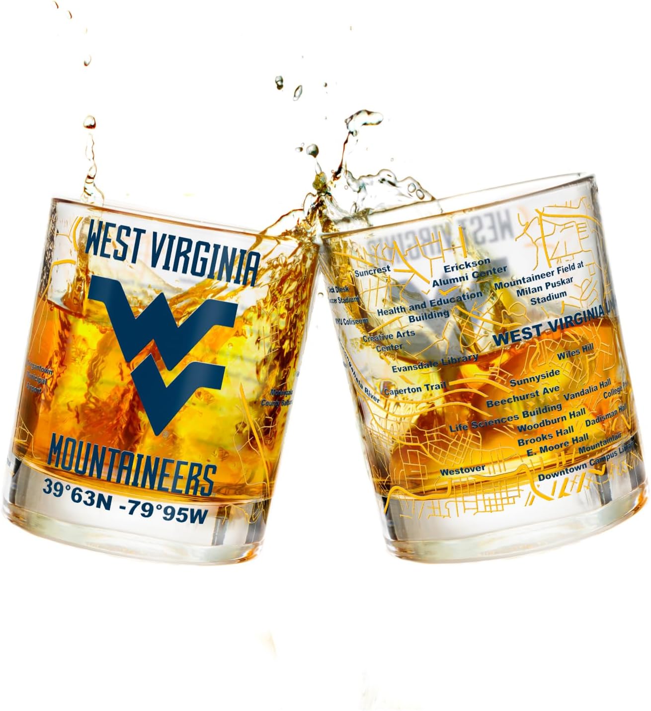 Greenline Goods โ University of West Virginia Mountaineers College Whiskey Glasses (Set of 2), 10 oz โ Full-Color Logo + Campus Map