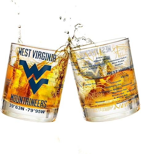 Juego de vasos de whisky de la Universidad de Virginia Occidental (2 vasos de bola baja)  Contiene logotipo de West Virginia Mountaineers a todo