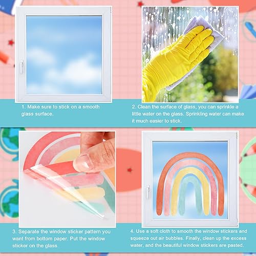 Miniatura 3 de AnyDesign 9 hojas de calcomanías bohemias de arco iris para ventana, acuarela, arco iris, corazón, sol, estrella, calcomanías decorativas para