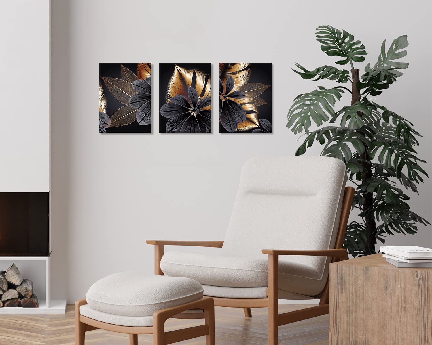 Pigort Abstract Canvas Print Brown Flowers Wall Art Set Decor Print Plant Pictures Artwork for for Bedroom Bathroom Living Room Wall Decor (Set of 3,12"x16")