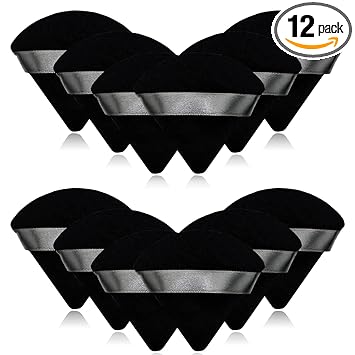 12 Pieces Black Cosmetic Powder Puff,2.76 inch Portable Soft Sponge Setting Face Puffs,Triangle Velvet Powder Puff with Ribbon Band Handle for Loose Powder Body Powder Makeup Tool