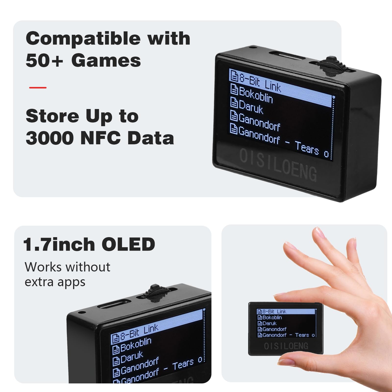 OISILOENG NFC Tag Emulator For Nintendo Switch – Stores 3100+ Amiibo, 1.4 OLED Screen, Rechargeable, No App Needed