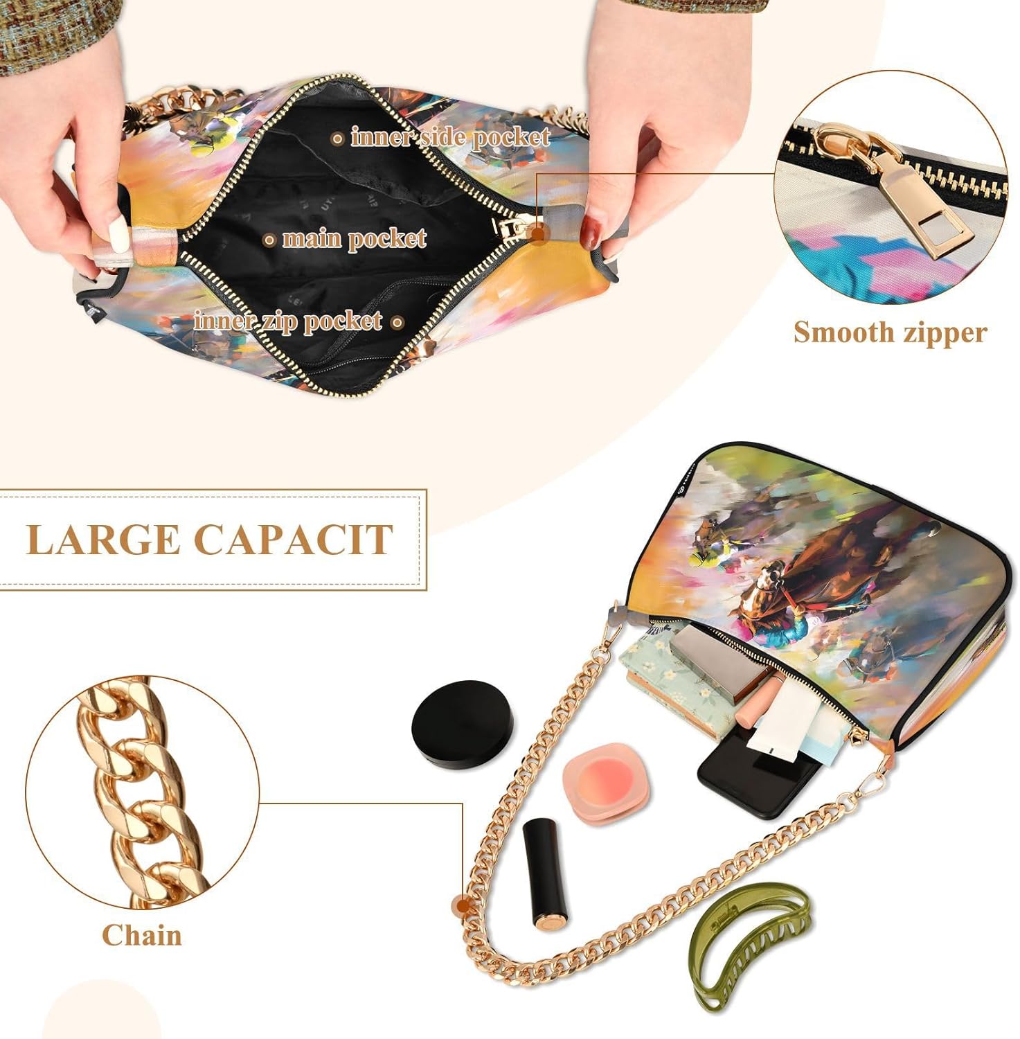 Chain Shoulder Bag Hobo Tote Handbag Mini Clutch Purse with Zipper Closure for Women
