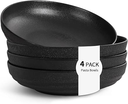 Large Pasta Bowls Set of 4, 9 Large Ceramic Salad Bowls for Pasta, Ramen & Soup, Matte Black Dinner Bowls with High Sides, Microwave & Dishwasher Safe Stackable Bowl Set