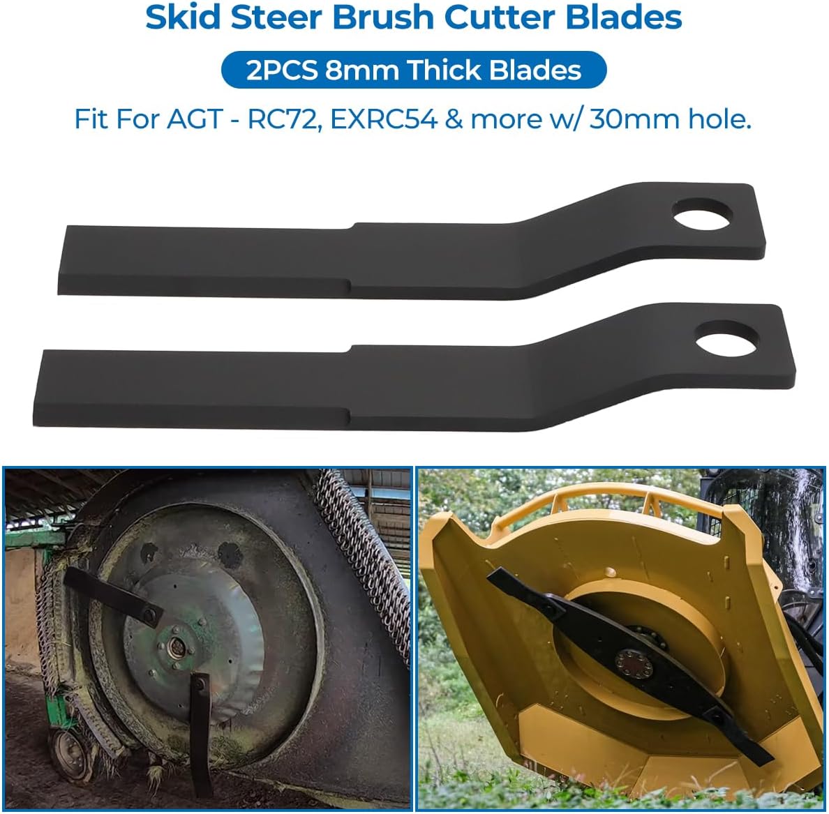 for AGT-RC72 EXRC54 Skid Steer Brush Cutter Blades, 2PCS 8mm Thick 60Si2Mn Spring Steel Replacement Cutting Blades, 30mm Bore Hole