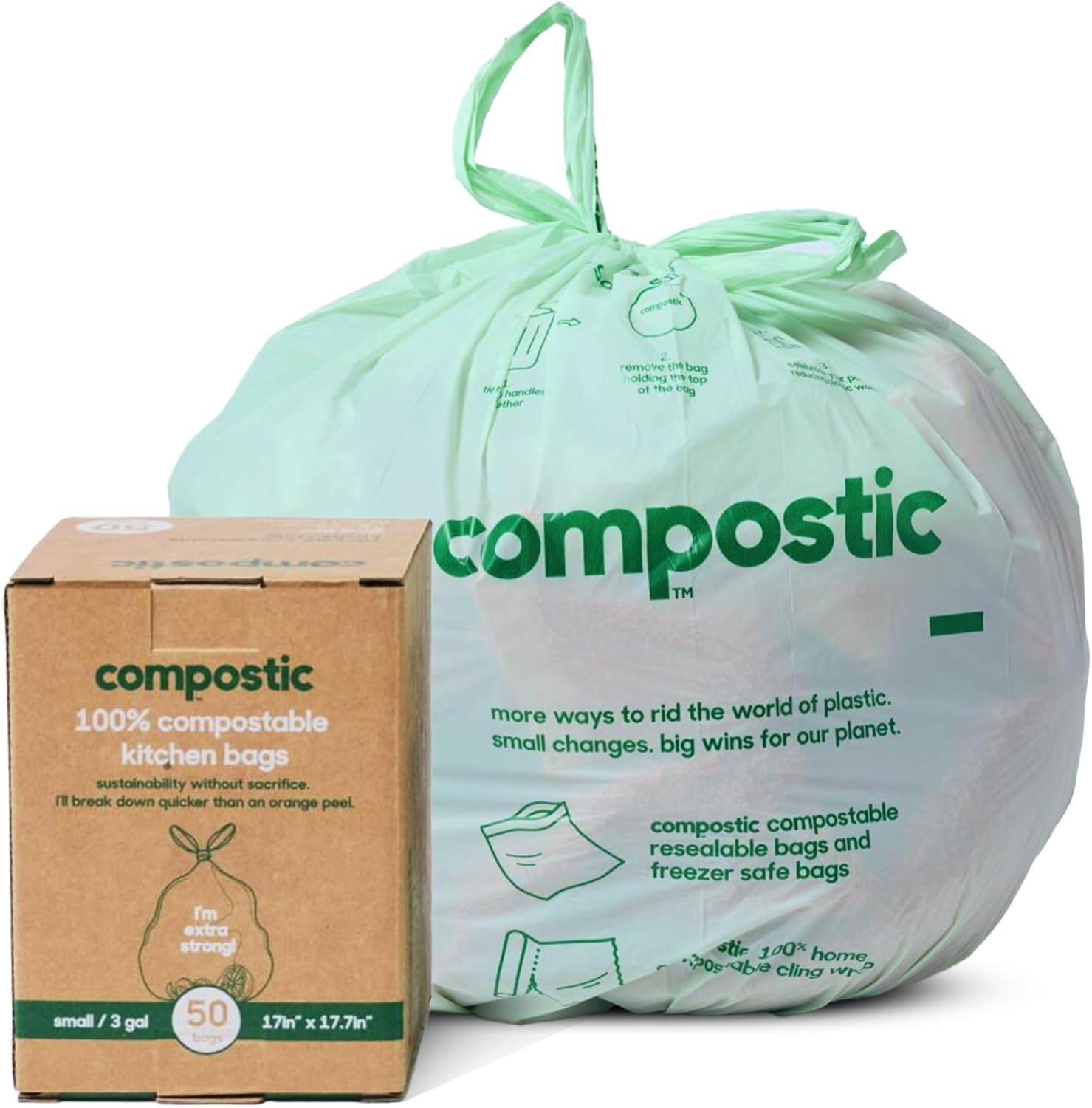 Compostic Home Compostable Trash Bags, 2.99 Gallon Small Kitchen Rubbish Bags, Extra Strong & Quickly Breaks Down, 50 Count