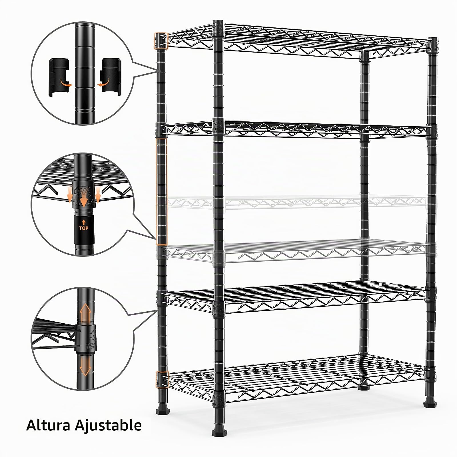 M MZG Estantería Metálica de 4 Nivele, Capacidad de Carga de 454 kg, Baldas Ajustables, para Garaje, Trastero, Lavandería y Cocina,Estudio,Negros, 35 x 60 x 135,8 cm