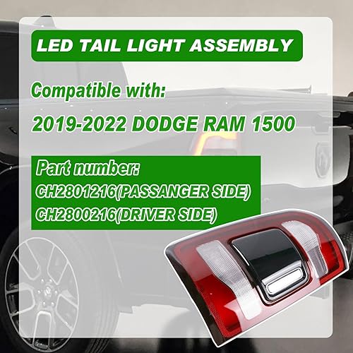 Miniatura 2 de Conjunto de luces traseras compatibles con Dodge Ram 1500 2019 2020 2021 2022 luces traseras del lado del conductor, luz de freno trasera, color