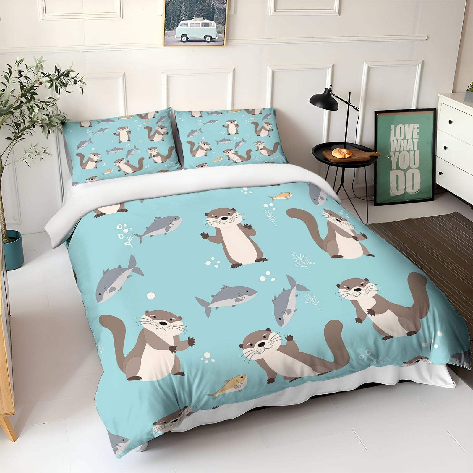 Azul Claro Funda Nordica Cama 150 Nutria de Dibujos Animados Juego de Funda Edredónes 240x220 cm Microfibra Suave Transpirable y con 2 Funda de Almohada 50x75 cm para Juveniles Niños Niña