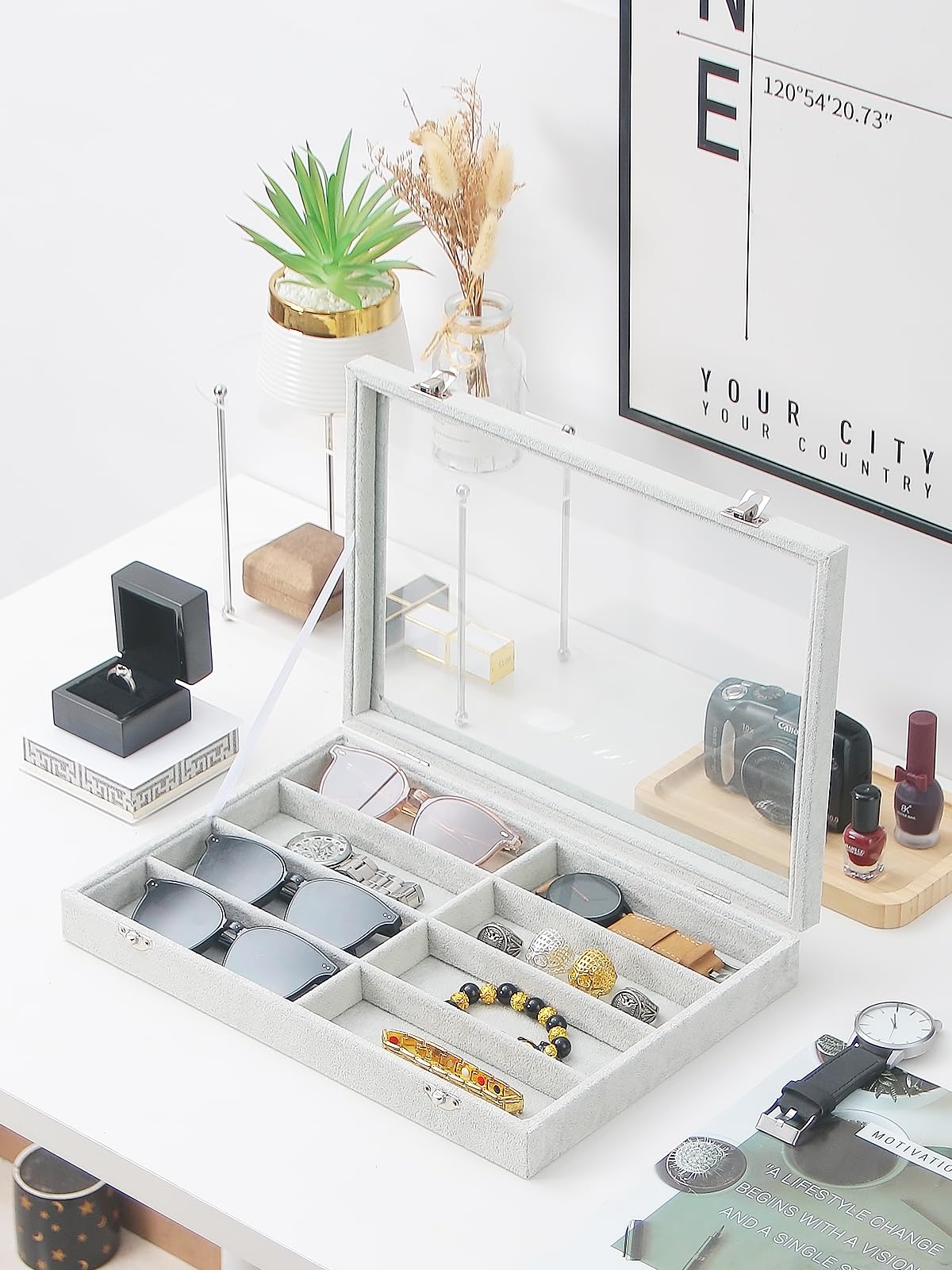 Bandeja organizadora de gafas de sol para joyas, caja de terciopelo gris para gafas, organizador de gafas para escritorio en casa o exhibición de espectáculos de ventas (con tapa)