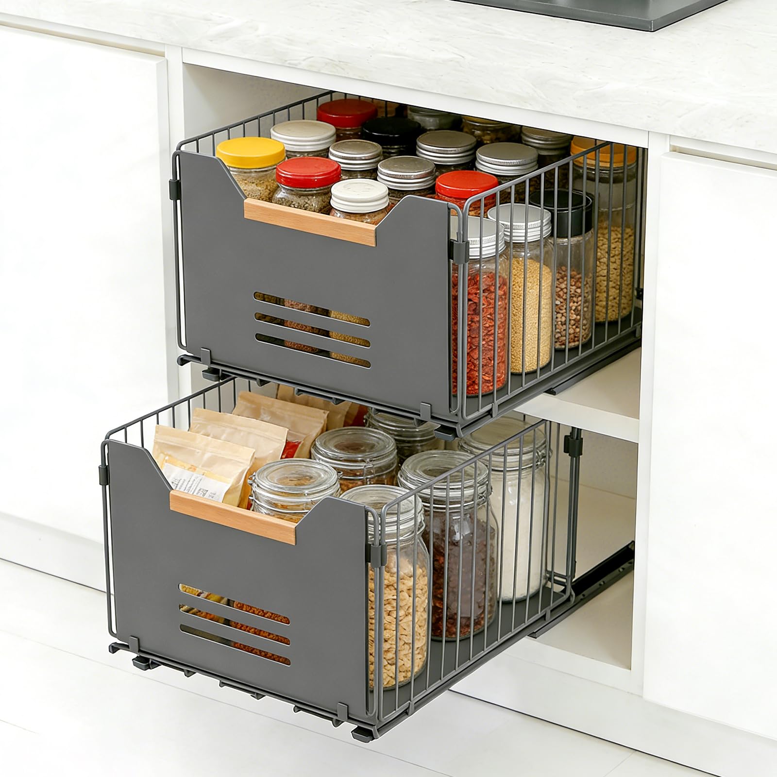 Romon Tiroir Coulissant Cuisine, Lot de 2 Organisateurs Téléscopiques avec Poignées En Bois, Noir, 37,5x24,5x19 cm, Adatto per Cucina, Bagno e Salotto