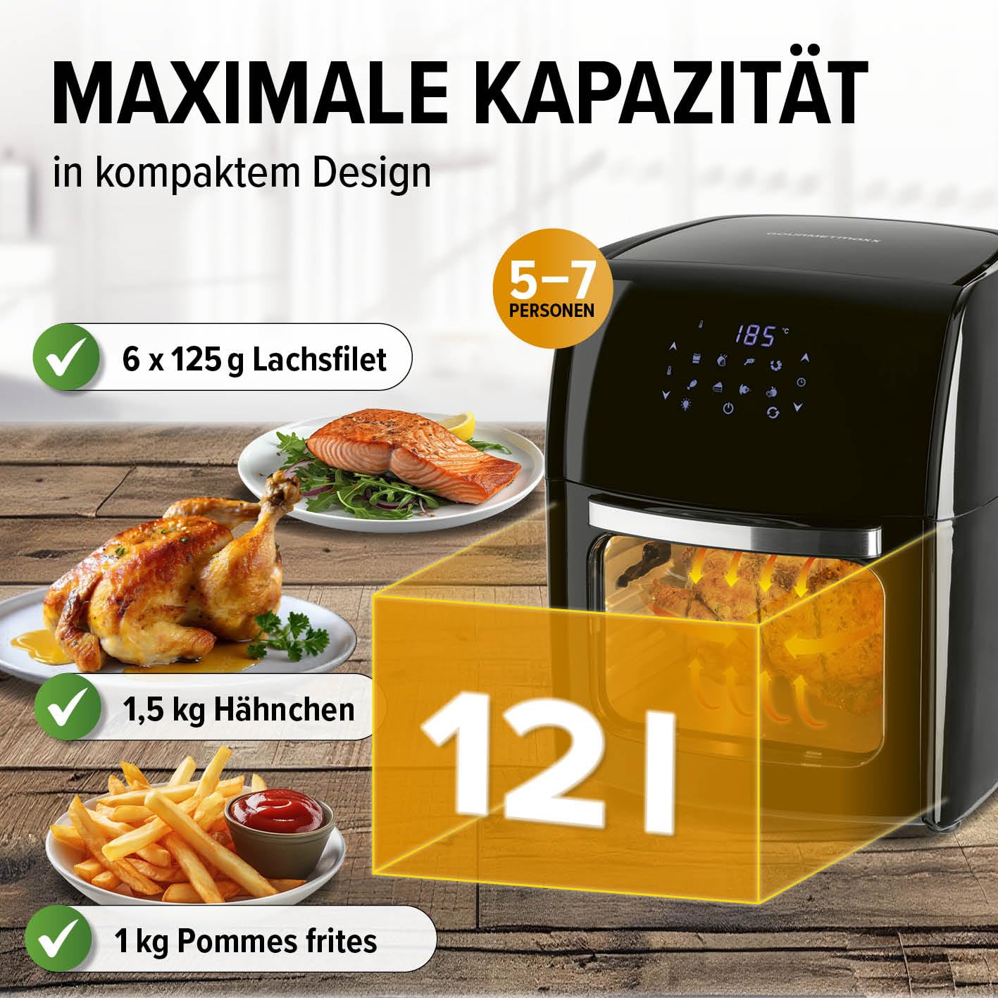 GOURMETmaxx Digitale Heißluftfritteuse 12L XXL-Ofen | Airfryer mit Timerfunktion, Touchdisplay, Drehspieß & Backgitter | fettarm, energiesparend frittieren | 8 Programme, 1800 W
