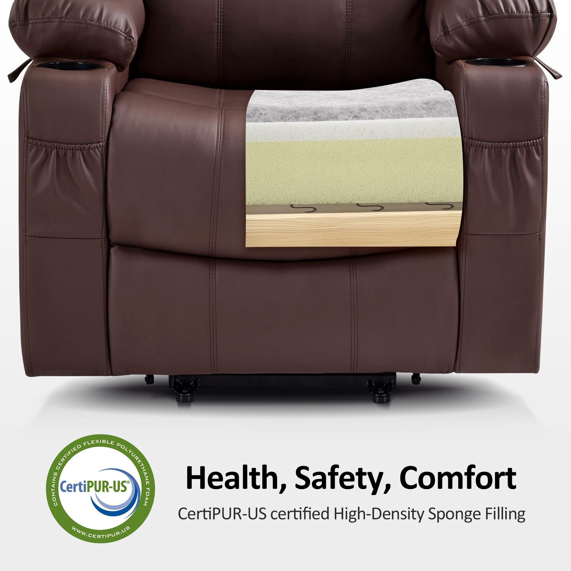 MCombo Electric Power Lift Recliner Chair Sofa with Massage and Heat for Elderly, 3 Positions, 2 Side Pockets, and Cup Holders, USB Ports, Faux Leather 7040 (Light Brown, Medium) - 5