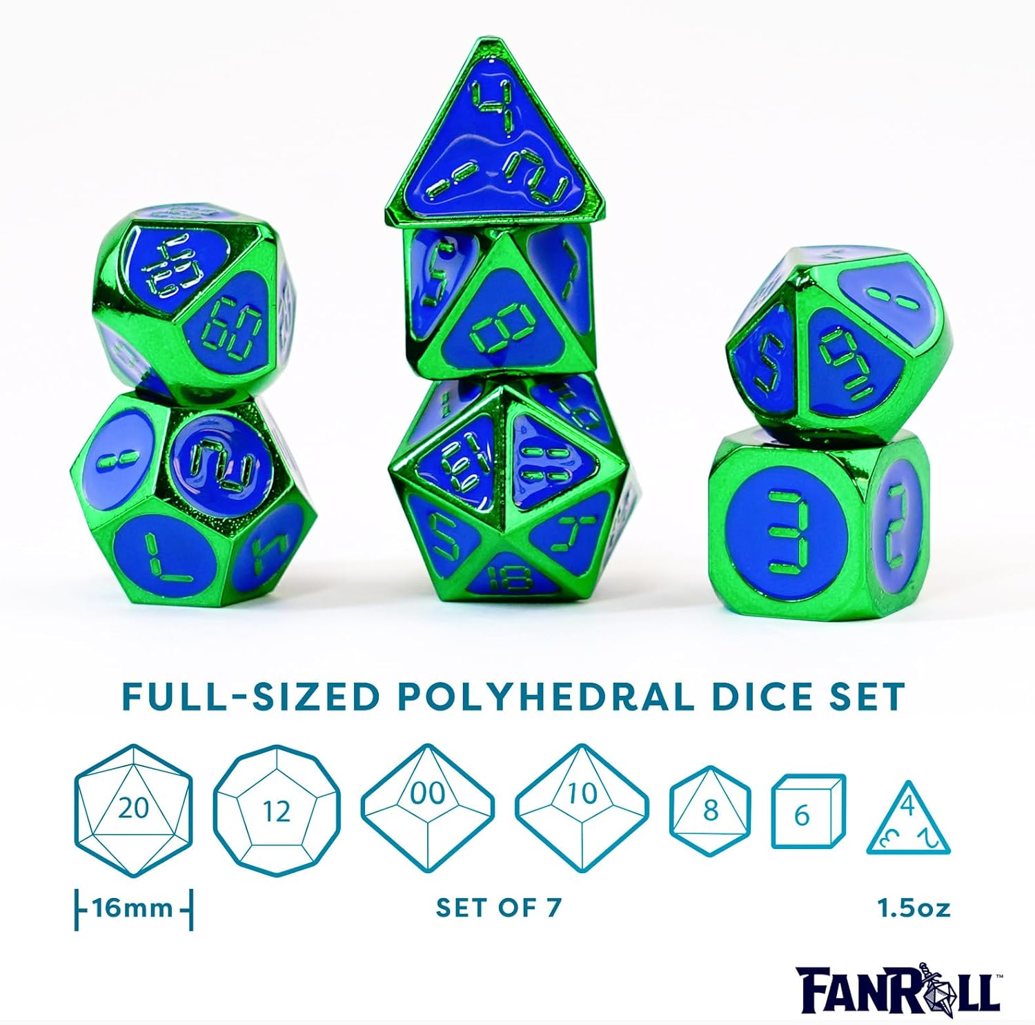 16mm Digital Metal Dice Set - Green w/ Blue Enamel (7)