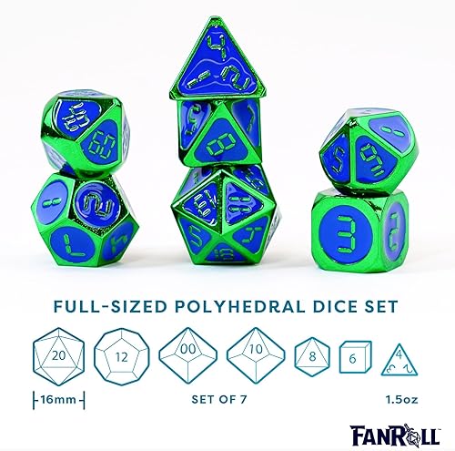 Miniatura 6 de FanRoll - Juego de dados poliédricos de metal de 0.630 in: verde con esmalte azul, dados de juego de rol para Calabozos y Dragones