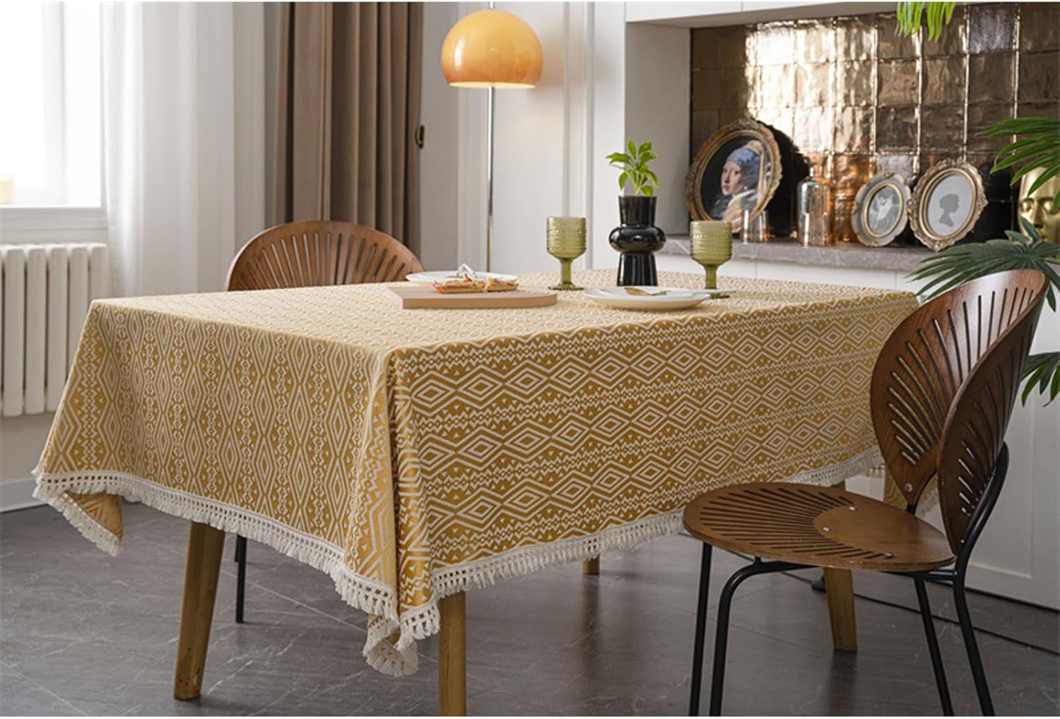 Geometric Tablecloth Famous Family Style Jacquard Tassels Rectangular Dining Tablecloth Tea Tablecloth Cloth Cover,D,140 * 140cm