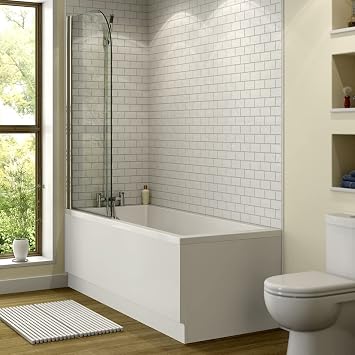 Affine 1700 x 750mm Straight Square Acrylic Bathtub with Frameless Curved Glass Screen & White Gloss Side Bath Panel