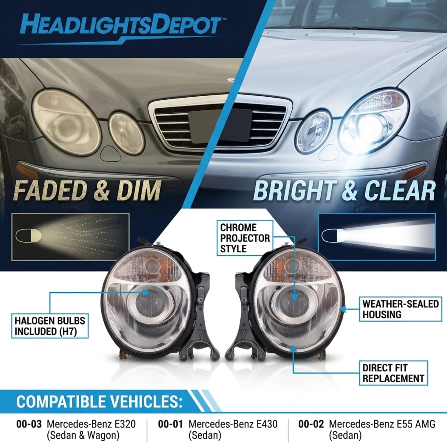 HEADLIGHTSDEPOT Chrome Housing Halogen Projector Headlights Compatible With Mercedes-Benz E320 2000-2003 Includes Left Driver and Right Passenger Side Headlamps