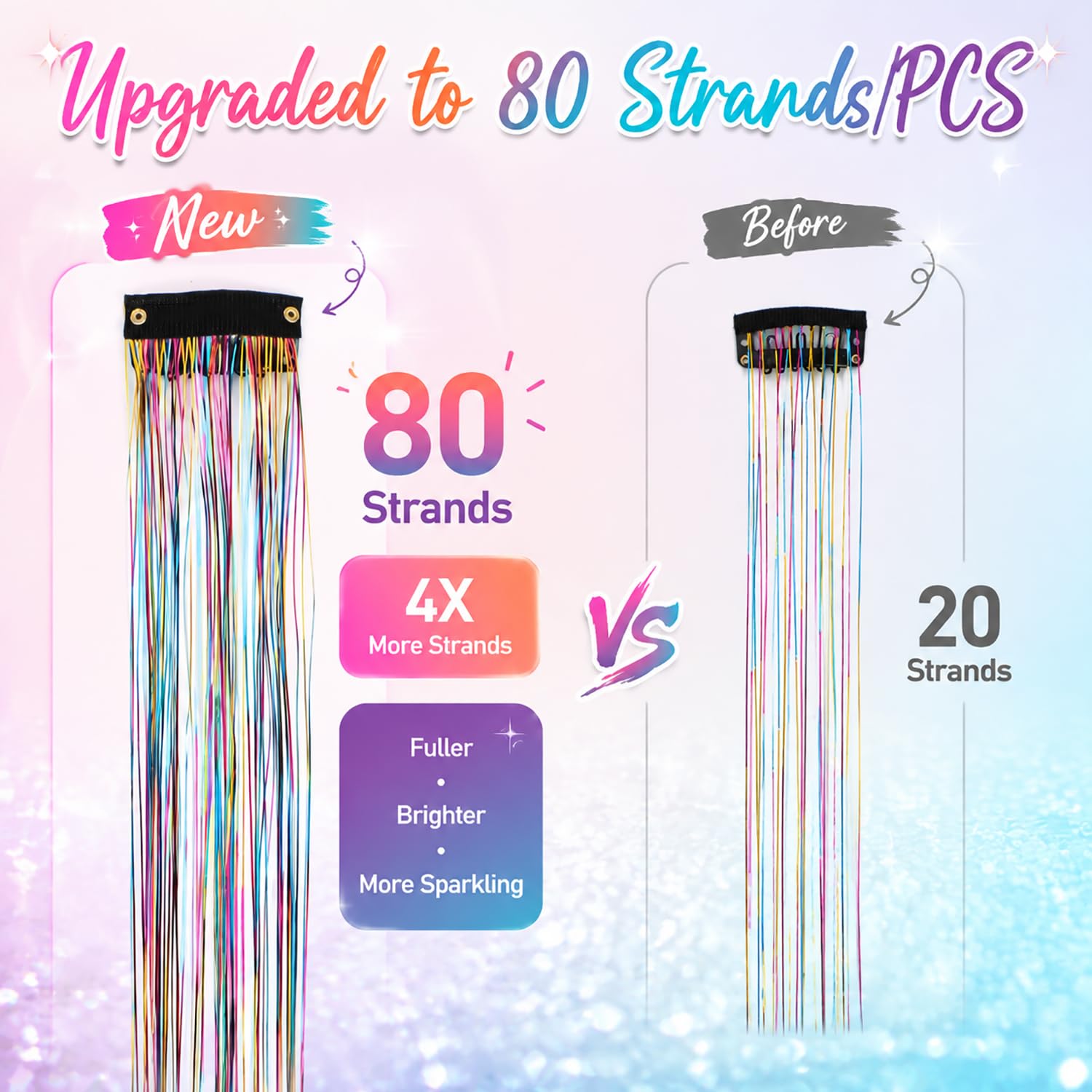 Hair Tinsel Clip in 18Pcs 24Inch Glitter Hair Extensions Clip in Tinsel Kit Heat Resistant，Sparkly Fairy Accessories for Women Girls Kids (Gold) image 3