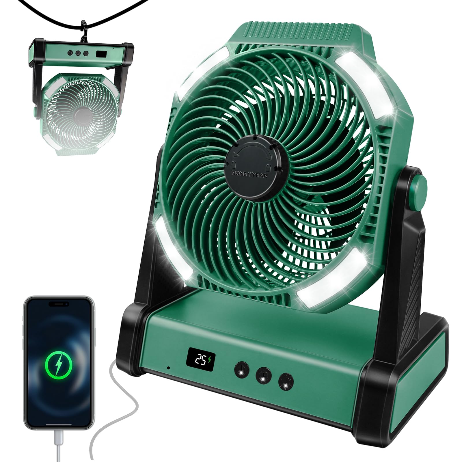 22500mAh Voice-Activated Camping Fan, Portable Rechargeable Fan, Battery Powered Fan with LED Lantern, Intelligent gear adjustment, Battery Operated Ventiladores for Travel, Tent, Fishing, Jobsite, RV