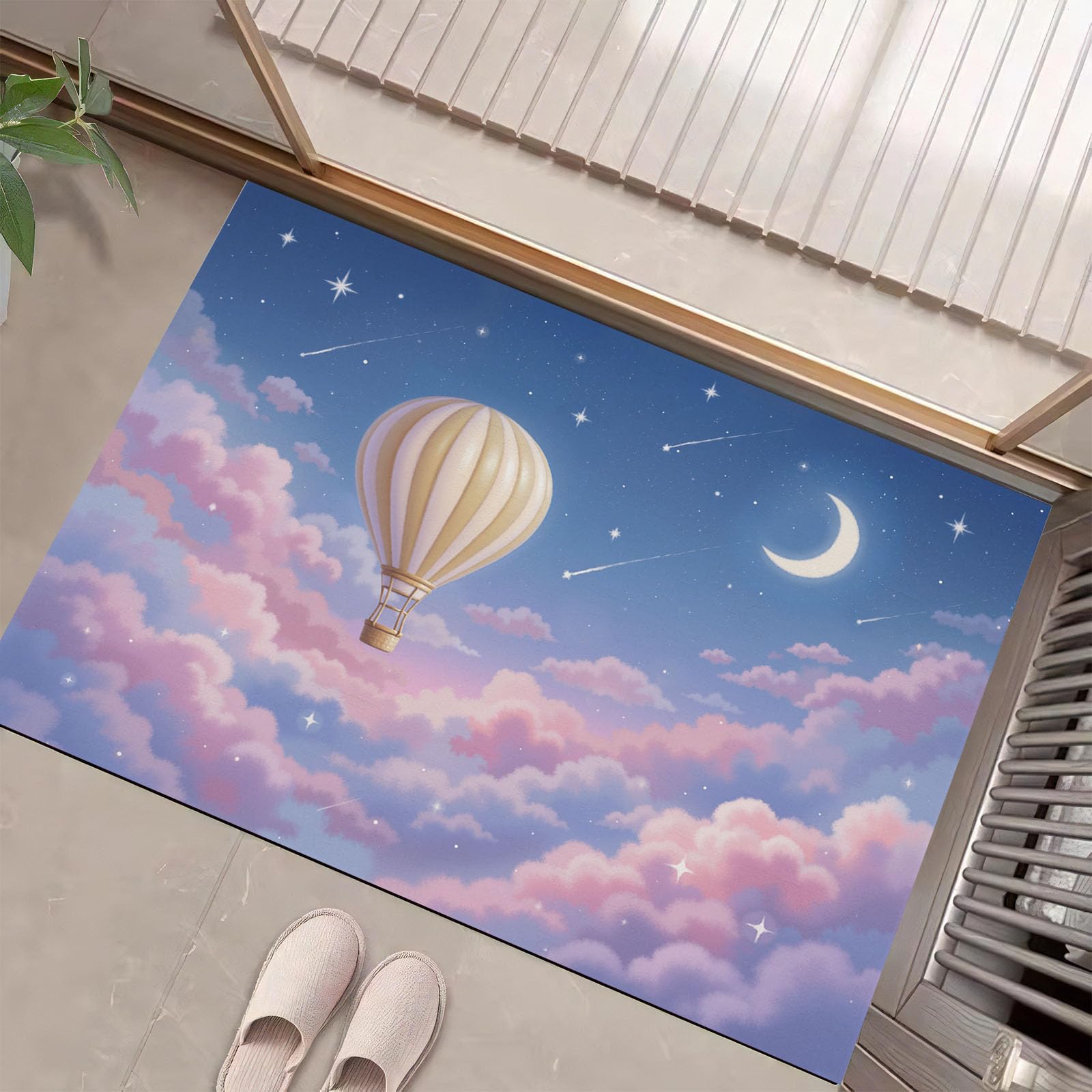 Felpudo Entrada Casa, 80x120cm Alfombra de Puerta Lindo Globo Aerostático Tapetes de Interior Cielo De Dibujos Animados Antideslizante para Decorativo Dormitorios y Zonas Entrada Cuartos, Azul