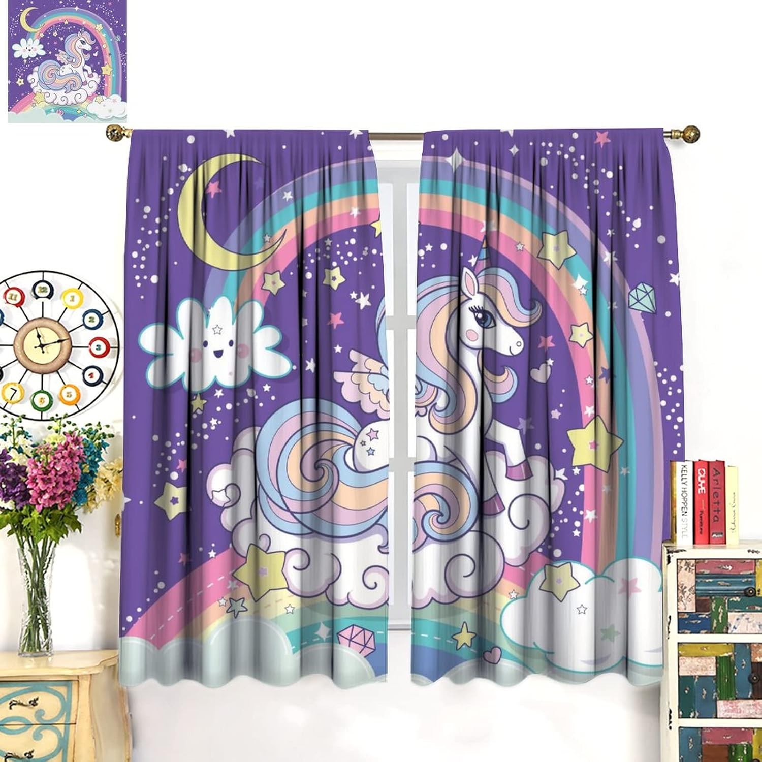 Cartoon Unicorn Rod Pocket Blackout Curtains for Living Room,Noise Reduction Cute White Clouds Moon Rainbow Girly Colorful Unicorn Window Treatment Drapes,2 Panels 45L x 21W