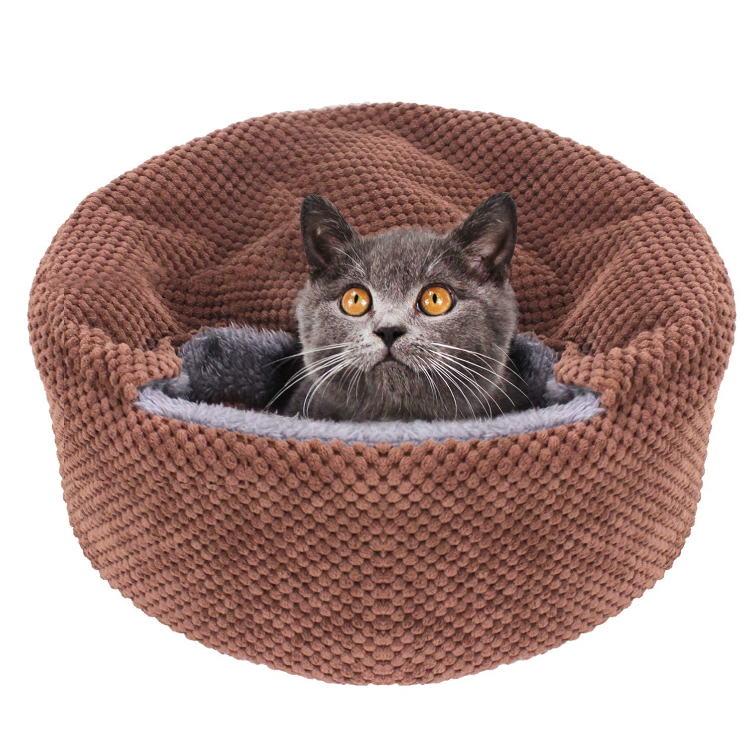 Winsterch Washable Cat Bed - Round Soft, Cozy & Warming for Indoor Cats. Calming Kitten Pet Bed. Small Pet Covered Cat Cave Beds (Coffee,12.59 x 12.59
