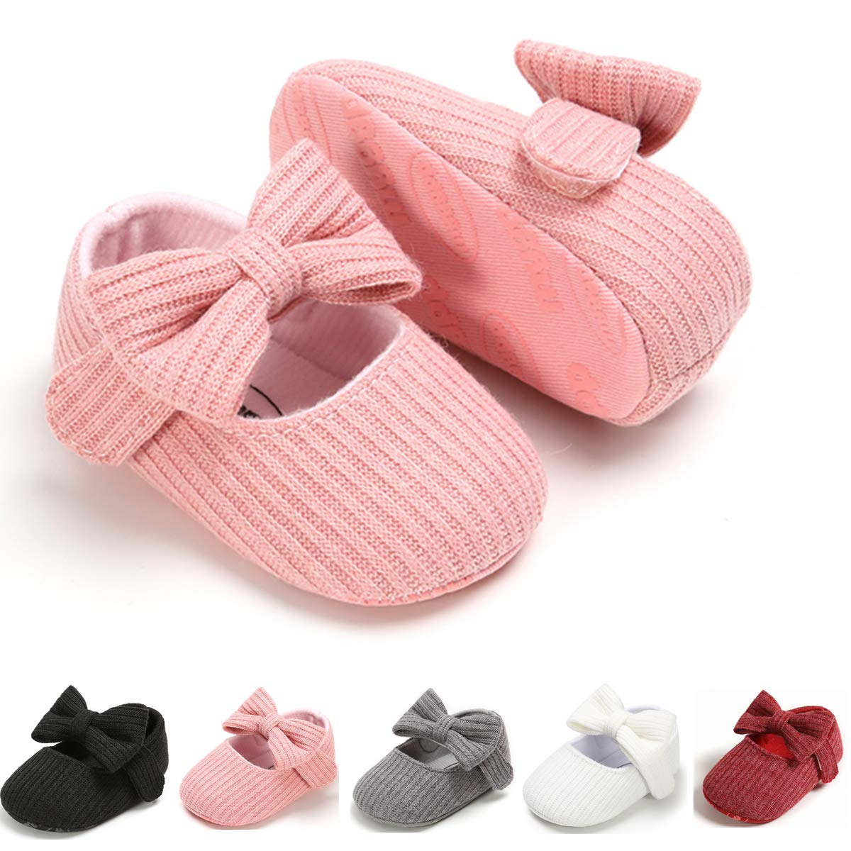 Myleleya Baby Girls Mary Jane Flats with Bowknot Princess Wedding Dress Shoes Infant First Walkers Newborn Crib Shoes Prewalkers Pink 0-6 Months