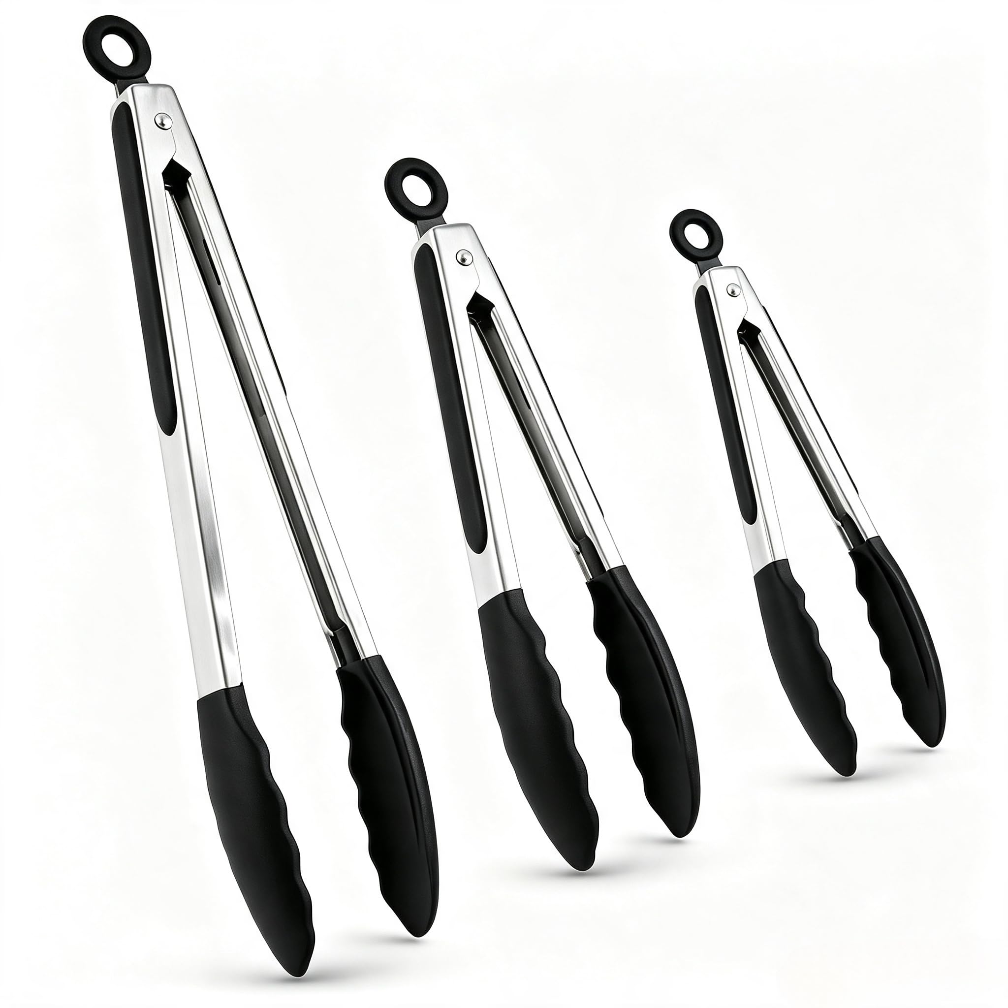 ZHIYE Silicone Tongs, 3Pcs Kitchen Tongs 7” 9” 12”Non-Slip & Easy Grip Stainless Steel Handle - Smart Locking Clip - Heat Resistant, Black