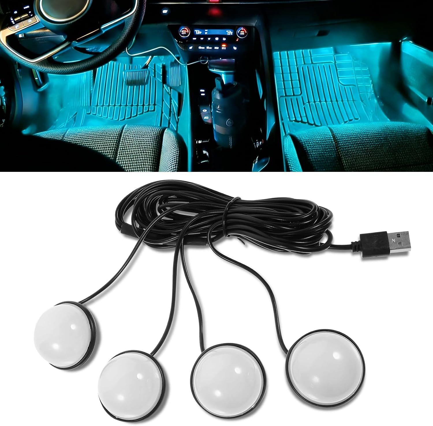 Car Interior LED Lights, Ambient Lighting Car Interior, Automotive Ambient Neon Light Kit with USB Port, Auto Accessories 4 in 1 Automotive Decoration Lighting for RV, Truck, Sedan (Blue)