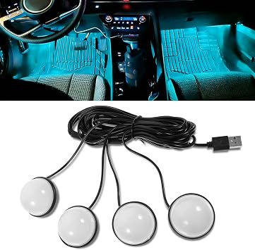 Car Interior LED Lights, Ambient Lighting Car Interior, Automotive Ambient Neon Light Kit with USB Port, Auto Accessories 4 in 1 Automotive Decoration Lighting for RV, Truck, Sedan Ice Blue
