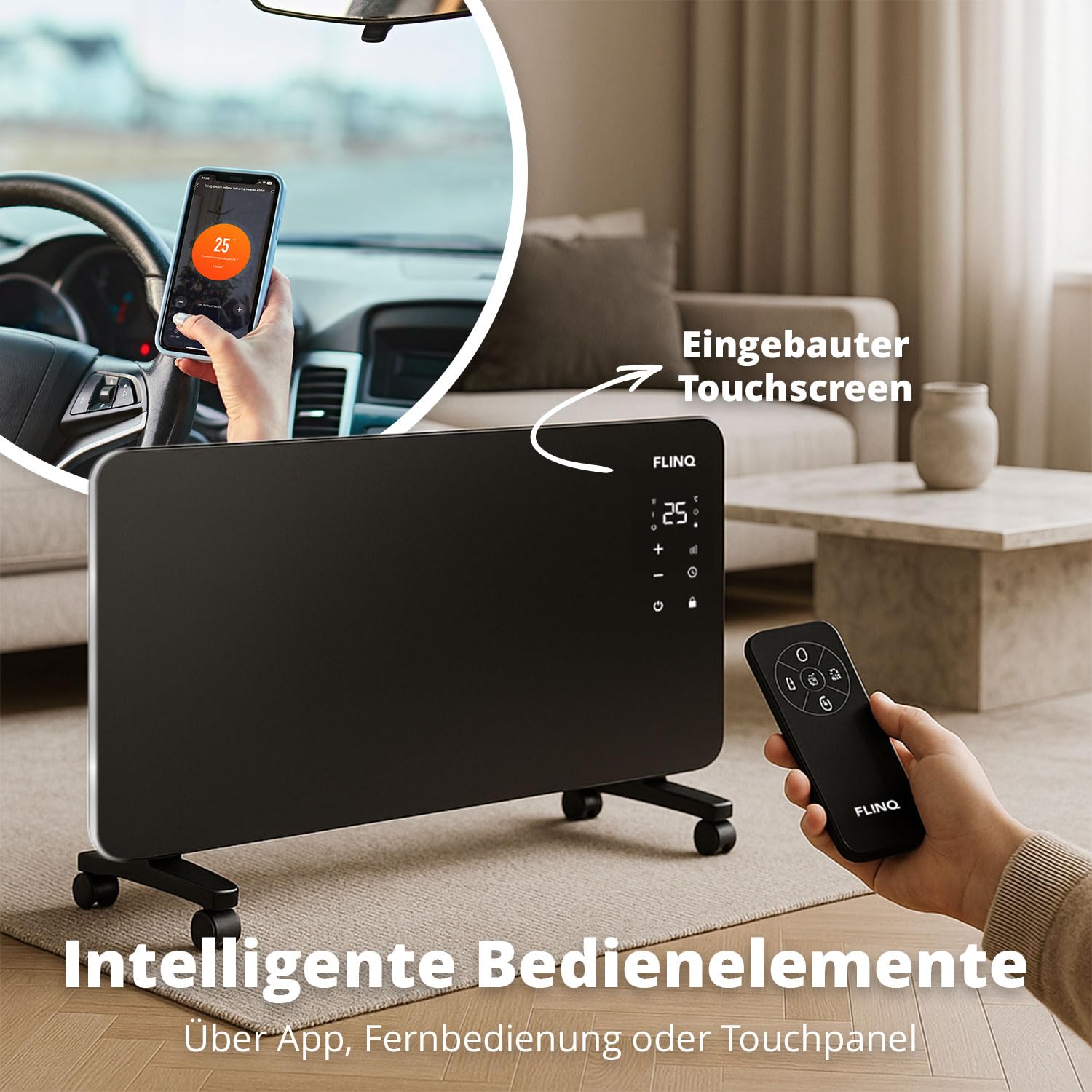 FlinQ Smart Konvektor Heizung 2000W - 96 x 46 x 13 cm - Schwarz | Glaskonvektor Mit App Steuerbar - Beheizt bis zu 60m3 - Mobile Heizung Elektrisch
