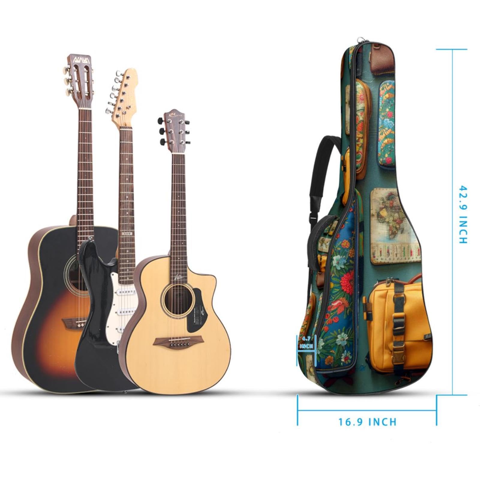 Grand étui universel pour guitare acoustique, convient pour guitare acoustique de 101,6 cm, 101,6 cm, sac de transport étanche avec couche de protection, motif valise, multicolore, 42.9x16.9x4.7 in,