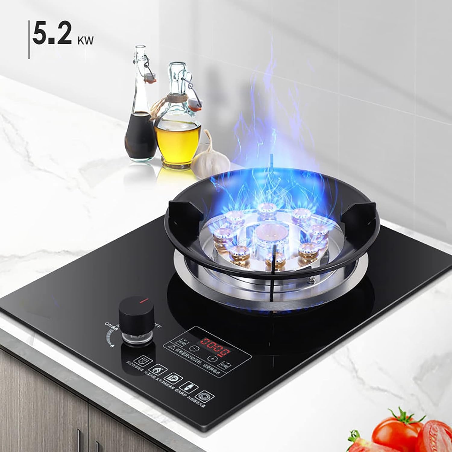 Burner Gas Cooker gas hob Built-in Gas Hob, Table-Top Nine-Cavity Fierce Fire Gas Hob， Black Tempered Glass Cooker With Flame Failure Protection,Compatible With All Cookware(Lpg)