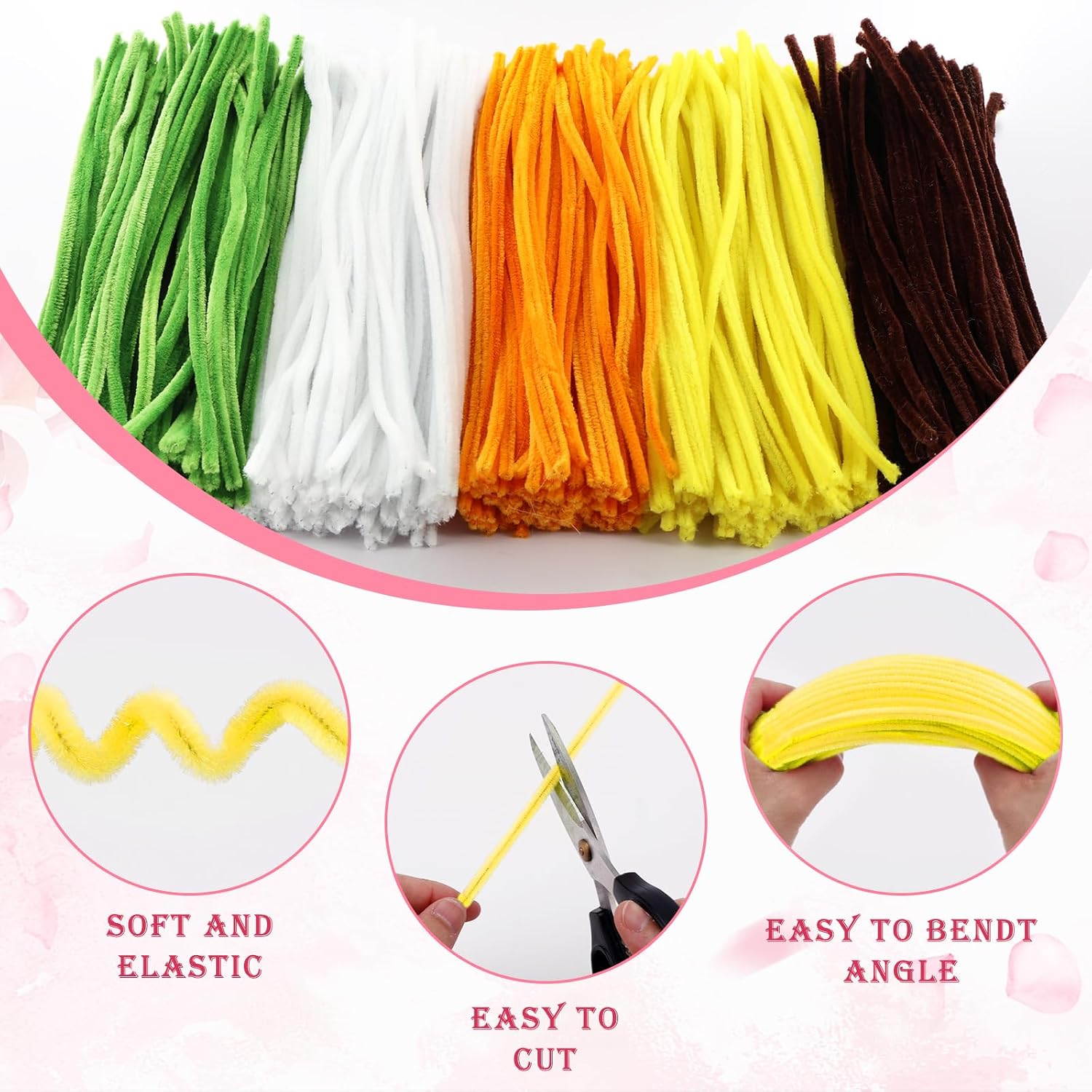 400 Pcs Pipe Cleaners Craft Kit - Bulk Pipe Cleaners for DIY Pipe Cleaner Flowers, Chenille Stems for DIY Flower Making Kit with Floral Wires, Gardening Tape,Stamen& Ribbon (Sunflowers)