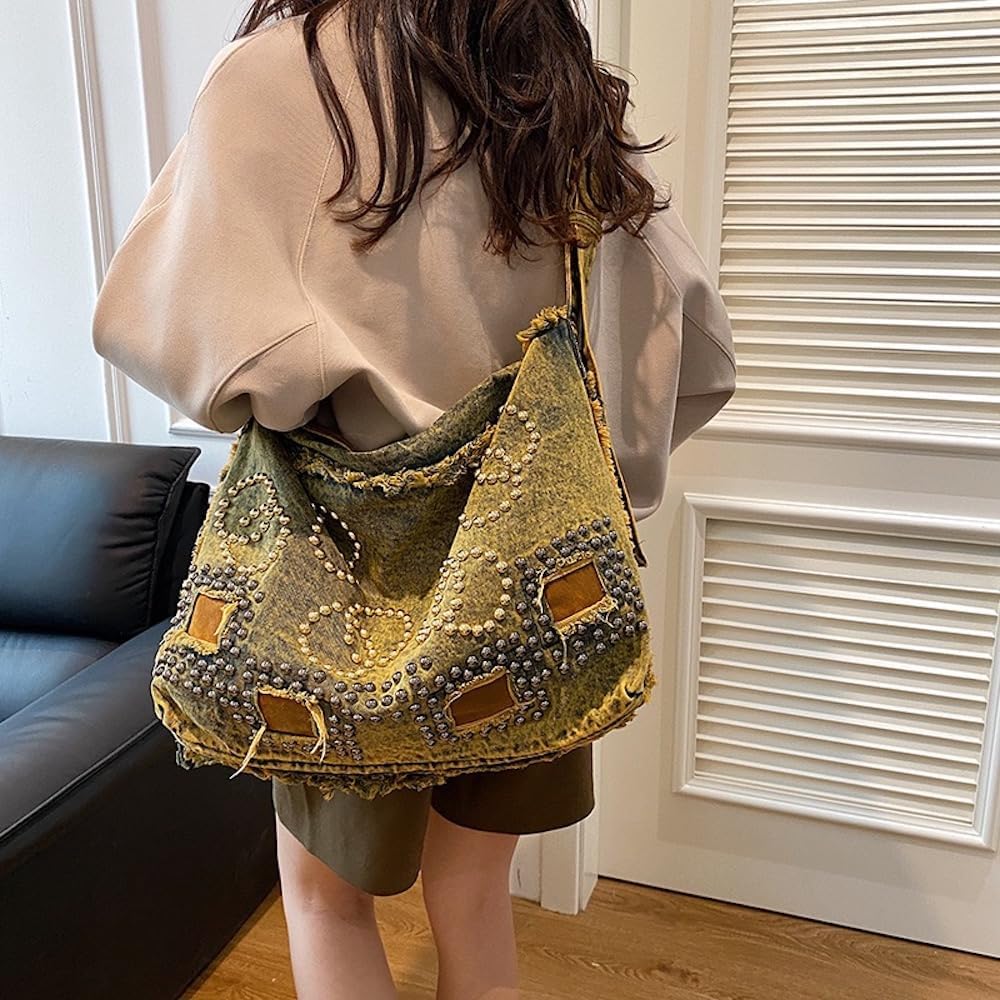 Punk Rock Studded Tote Bag for Women Y2k Grunge Distressed Crossbody Bag Ripped Denim Messenger Bag