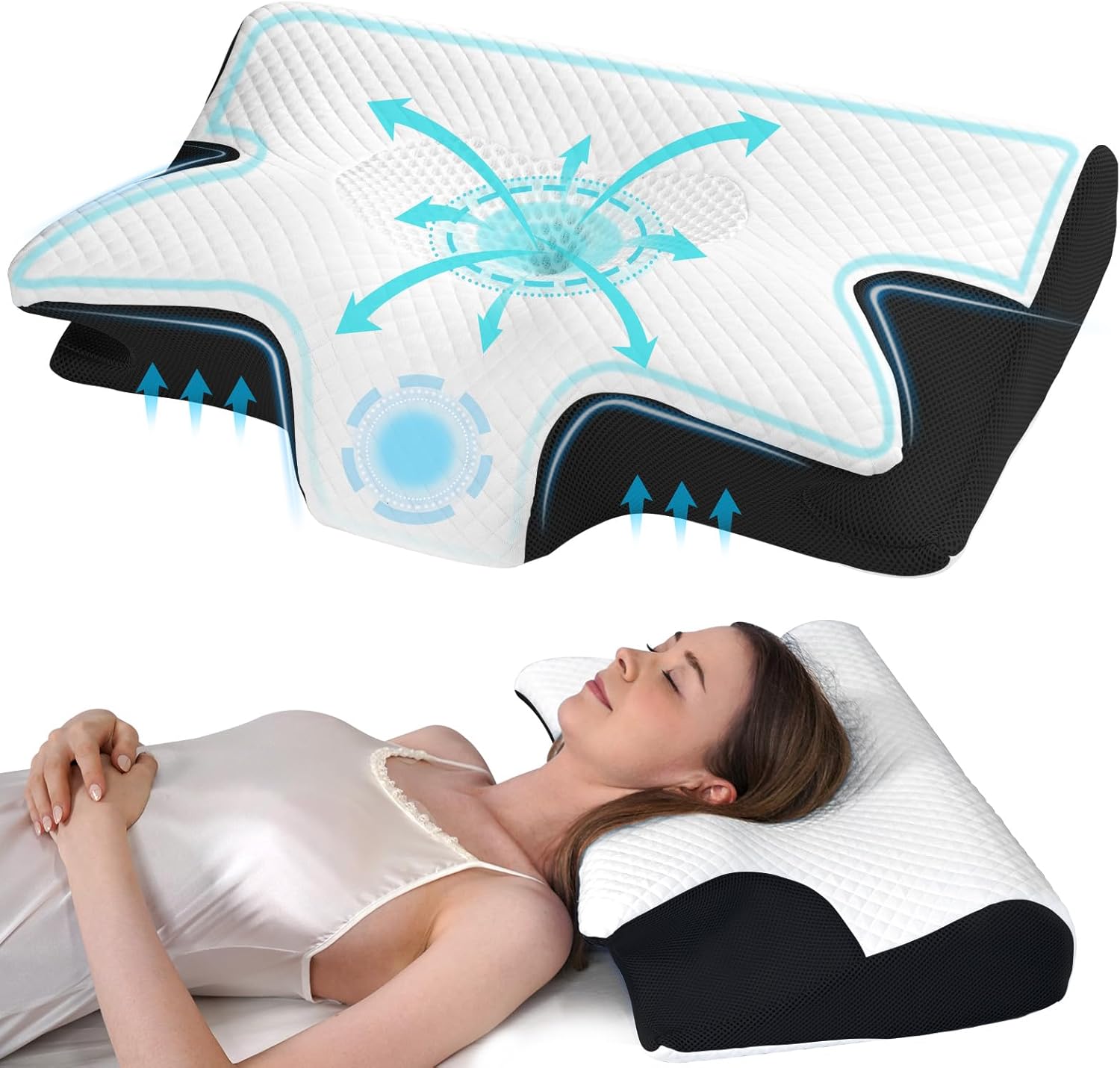 Demelon Cervical Memory Foam Pillow for Neck Pain Orthopedic Neck Pillow for Shoulder Pain Ergonomic Head Neck Support Pillow for Side/Back/Stomach Sleepers with Removable Cover (Black)