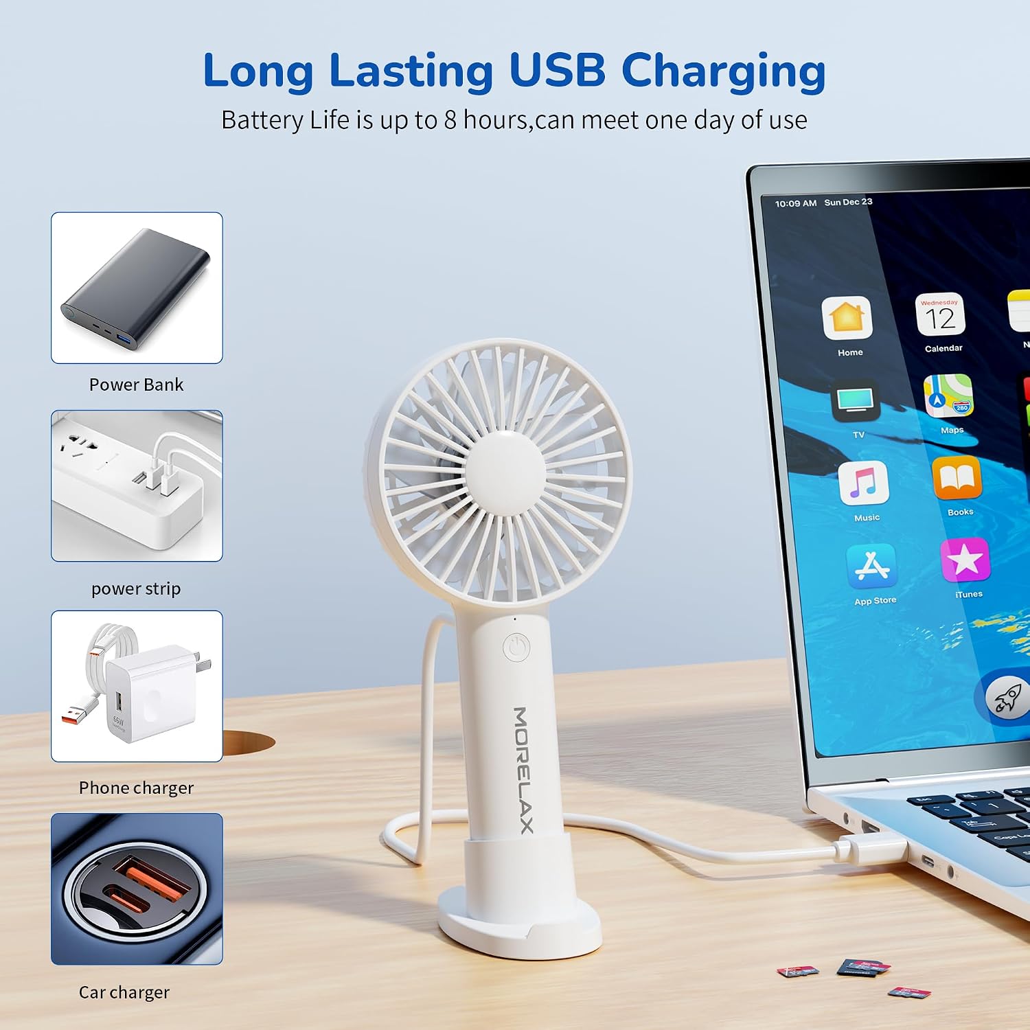 Jancane Handheld Fan, USB Rechargeable Mini Portable Fan with Base, 10H Battery, Strong Wind, Small & Powerful, Cute Design for Travel, Makeup, Girls Women Summer Gift (White) image 4