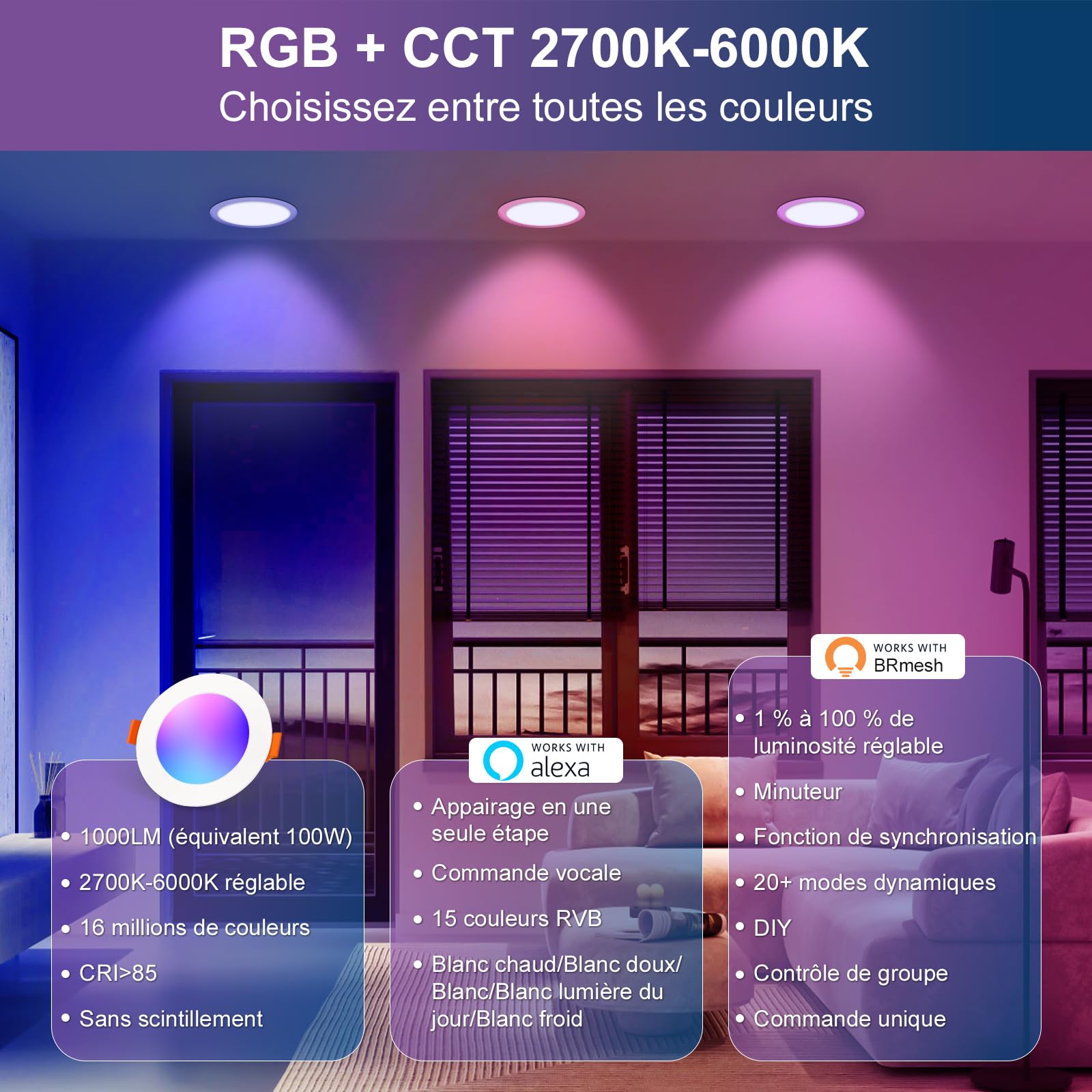 DUSKTEC Spot LED Encastrable RGBWW Connectée Alexa 220V 10W Dimmable 2700K-6000K Lot de 4