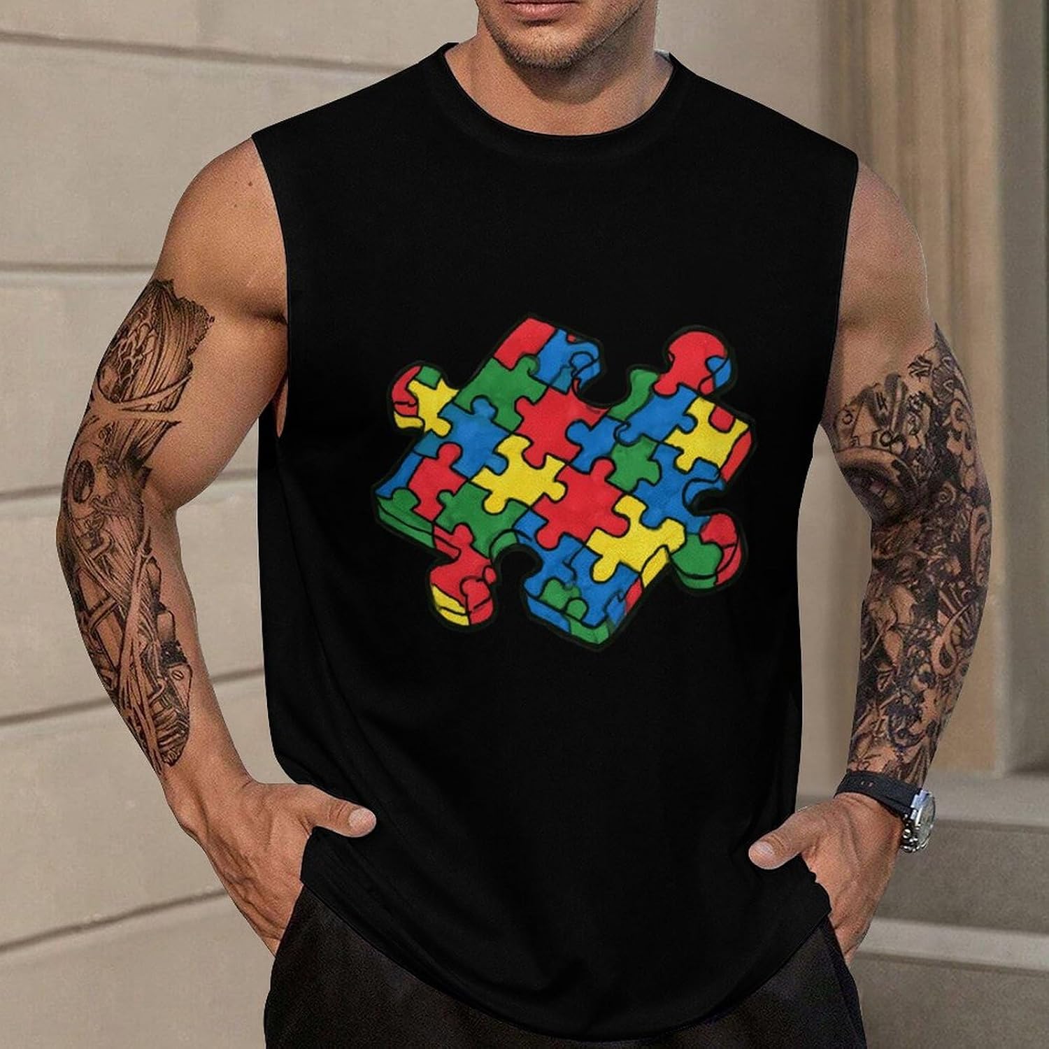 Autism Awareness Puzzle Men Summer Sleeveless Crew Neck Top 5XL