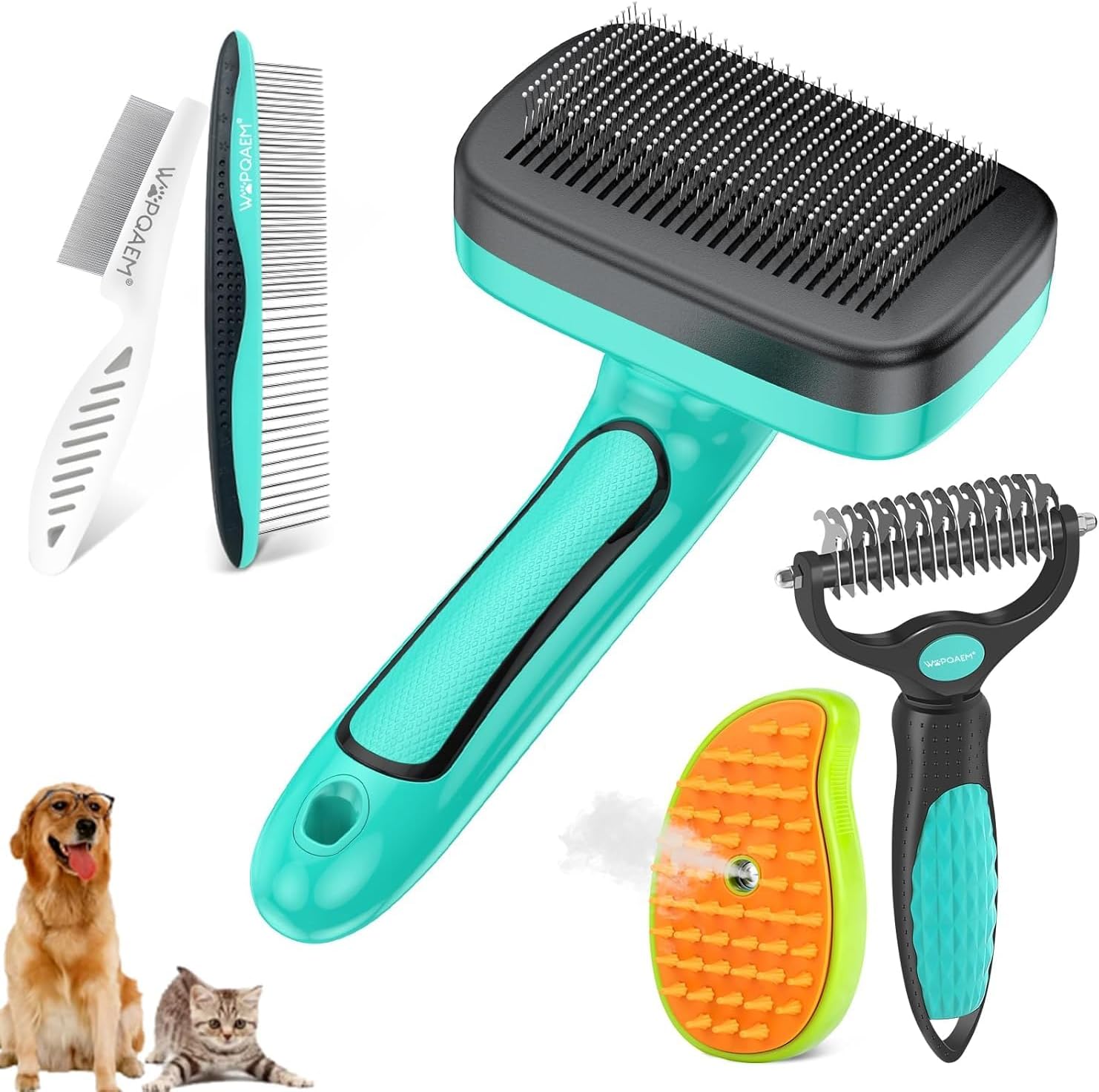 5 PCS Self Cleaning Slicker Brush & Undercoat Rake & Bath Brush & Flea Comb & Pet Comb & Steam Brush for Dogs and Cats,Professional Deshedding Dematting Tool for Long and Short Haired Pets