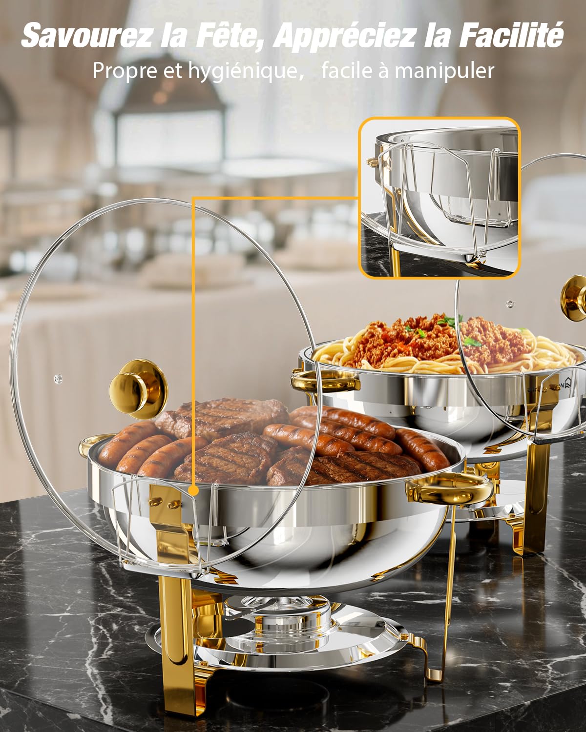 WARMOUNTS Lot de 4 Chafing Dish Argent & Doré 5 L, Réchaud à Buffet avec Couvercle en Verre, Buffets Chauffants en Acier Inoxydable Idéal pour Fêtes, Événements, Mariages, Dîners, Noël et Camping