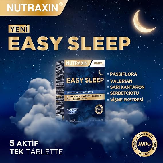 Nutraxin Easy Sleep 60 Tablet - Sarı Kantaron, Vişne, Kediotu Kök ve Çarkıfelek Ekstresi