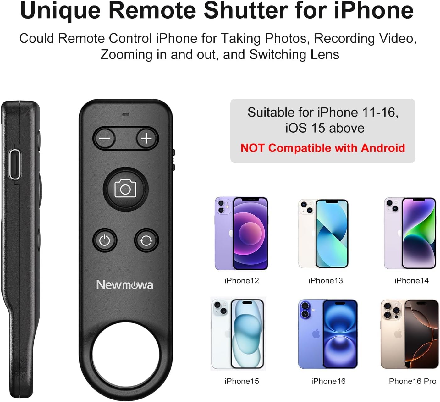 Newmowa Télécommande sans fil Bluetooth pour prise de vue vidéo/zoom/changement d'objectif sur iPhone, télécommande rechargeable pour selfies vlogs, compatible avec iPhone(iOS 15 Above,NOT for iOS 26)