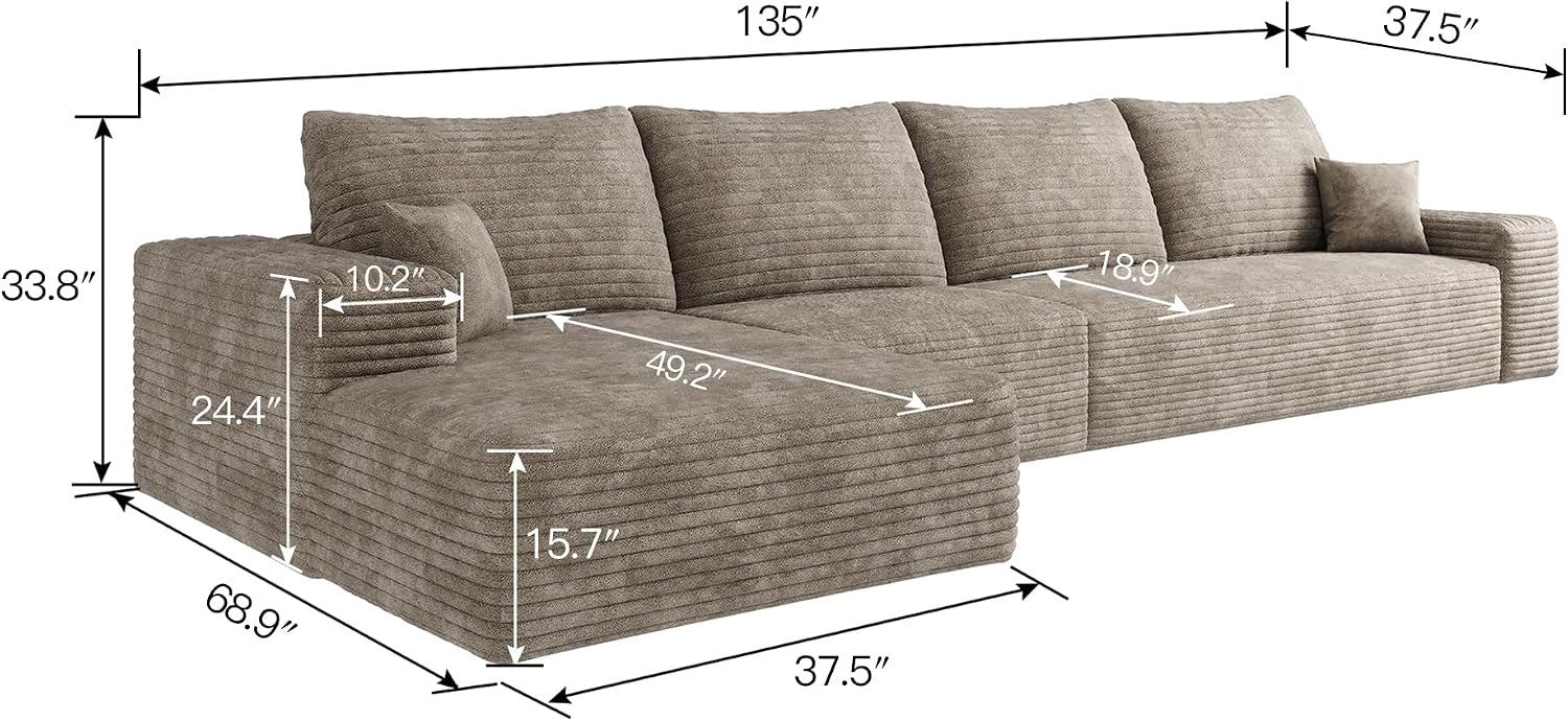 135" Corduroy Boneless Sectional Couch with Chaise, No Assembly Required, L Shaped Modular Sectional Sofa, Boneless Couches for Living Room (Camel, 4 Seater+Left Facing Chaise)