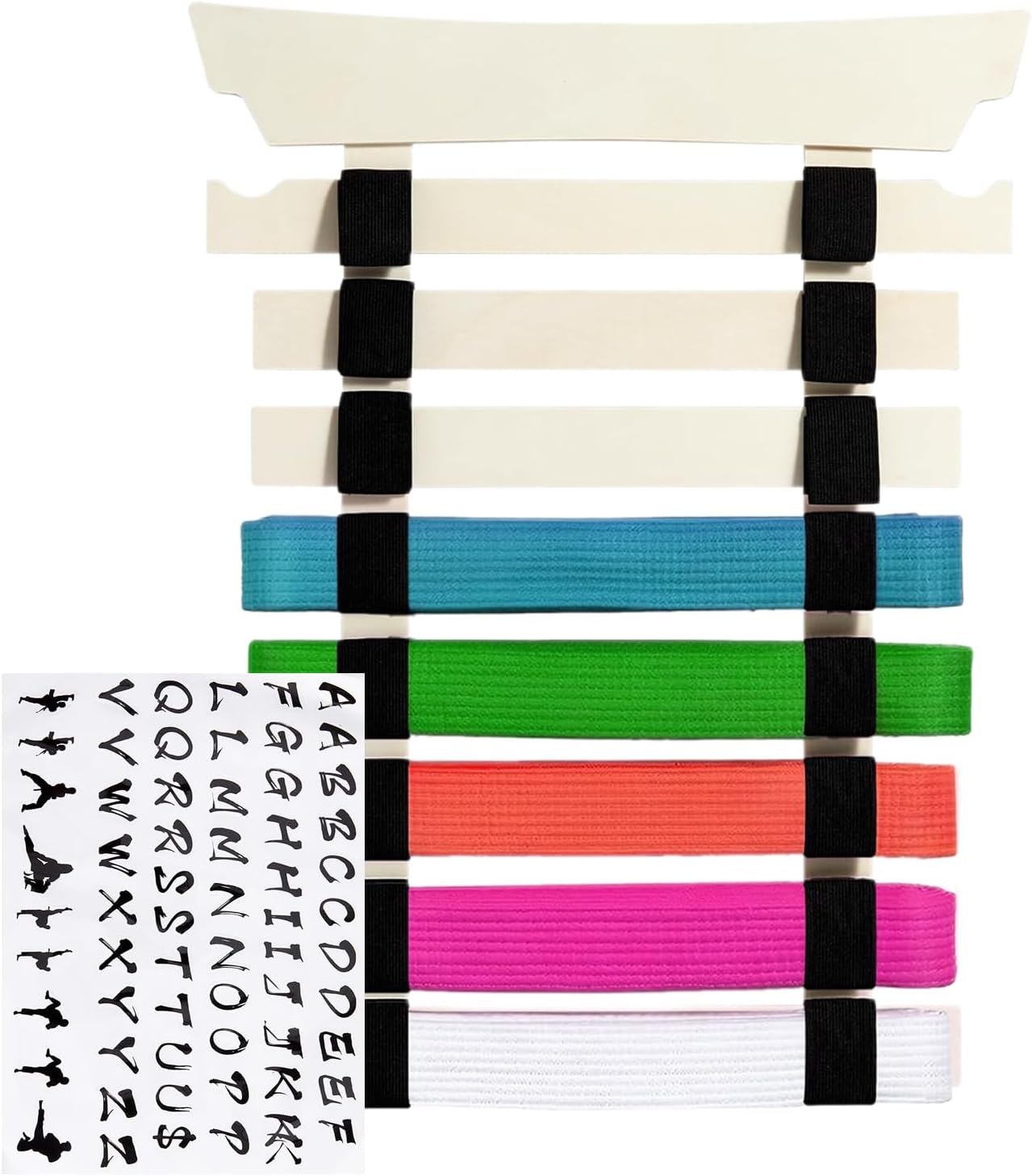 Karate Belt Holder, 8 Karate Belt Display Racks with Hooks and Stickers, No Assembly Required Sports Equipment Storage Solution for Men Women Kids Children Teens Beginners